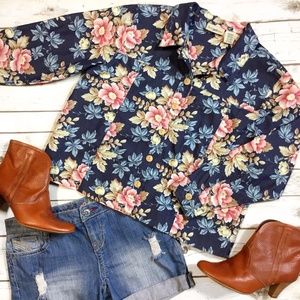 Blue Denim Style Floral Print Jacket Travel Smith